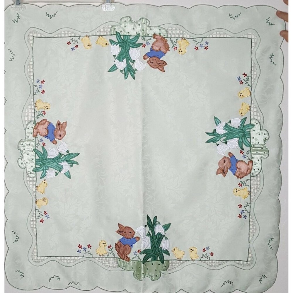 Spring Bunny Cut Work Open Work Embroidered Table Cloth Appx 33 x 33" Green